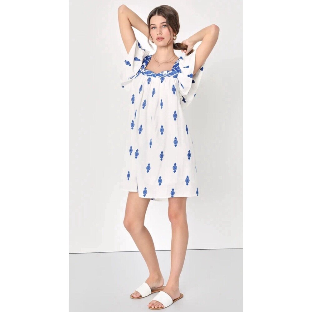 Lulus Mykonos Moment White‎ & Blue Embroidered Shift Dress Linen Blend XS NEW